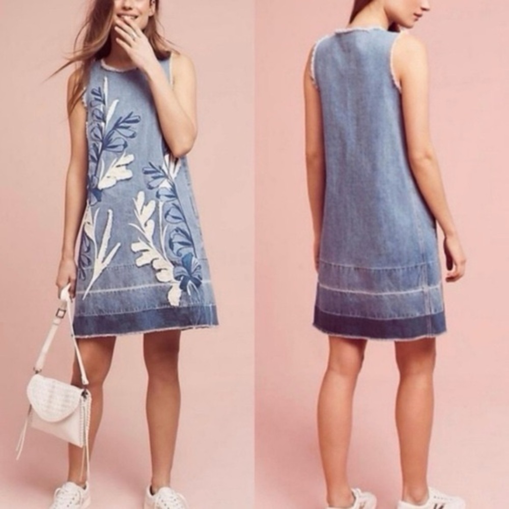 Anthropologie Dor Dor Couture Denim Dress Floral Applique Fray Sleeveless XLarge - Picture 3 of 16
